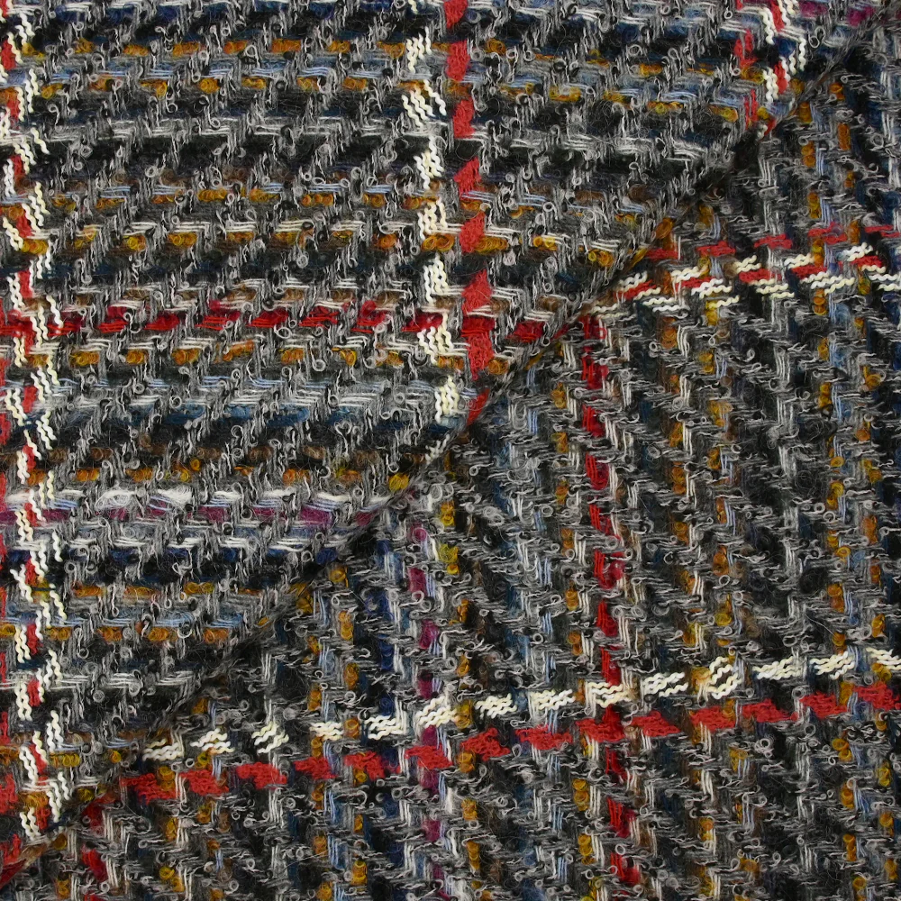 Tweed de laine mélangée Célestine ligne écrue et rouge fond gris