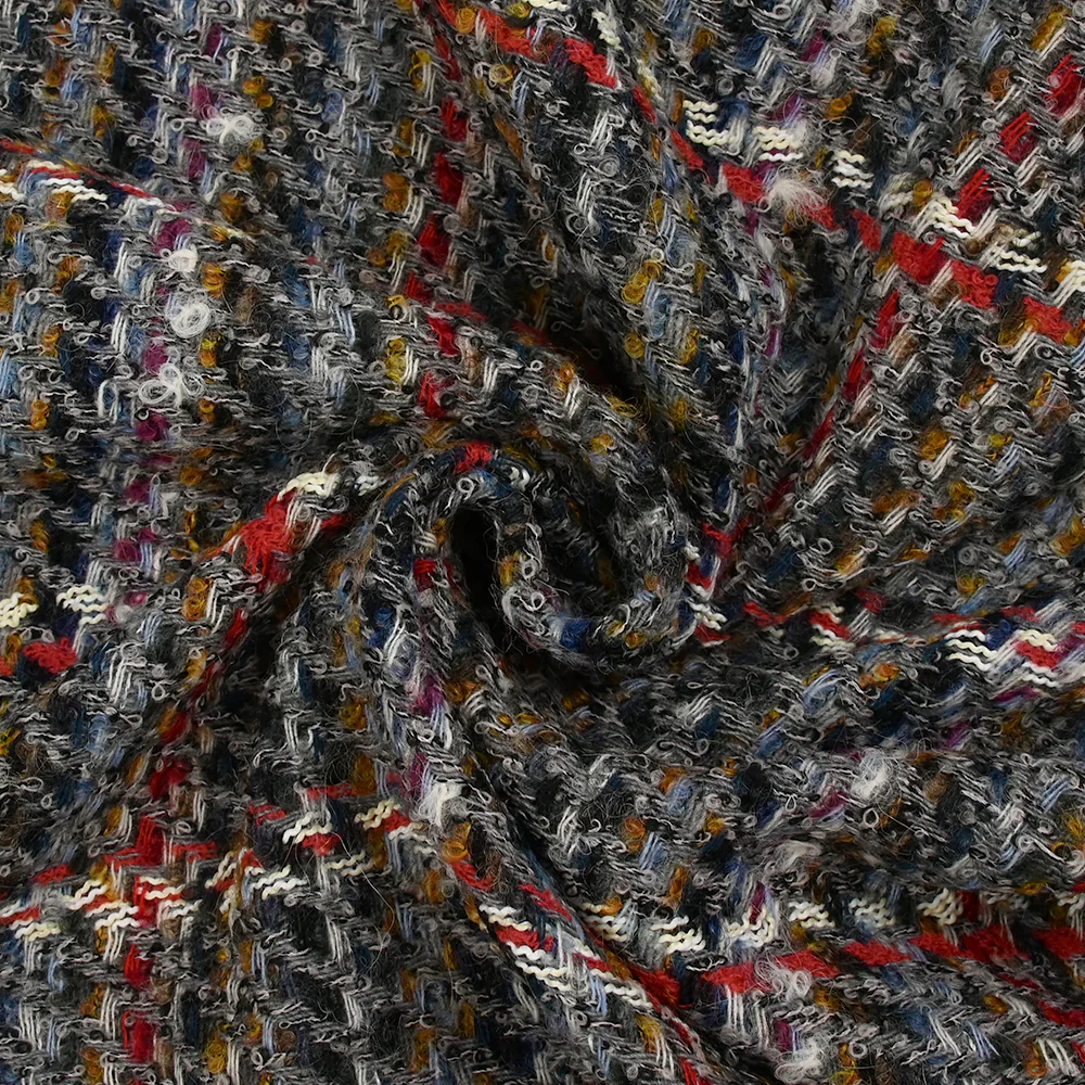 Tweed de laine mélangée Célestine ligne écrue et rouge fond gris - Image 2