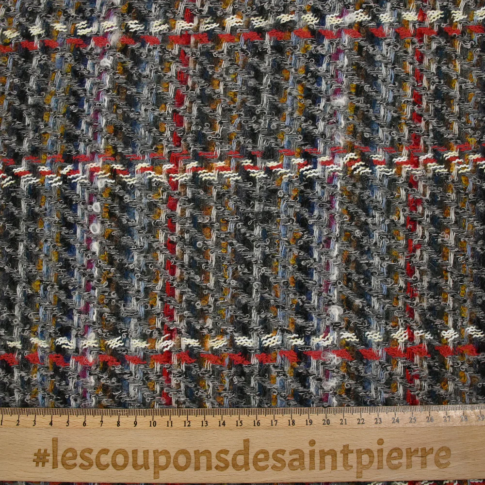 Tweed de laine mélangée Célestine ligne écrue et rouge fond gris - Image 3