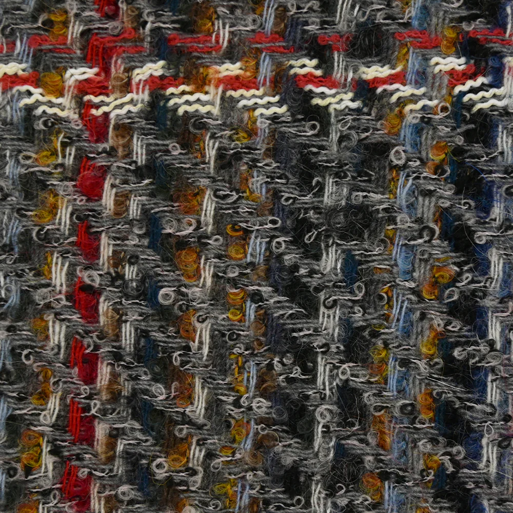 Tweed de laine mélangée Célestine ligne écrue et rouge fond gris - Image 5