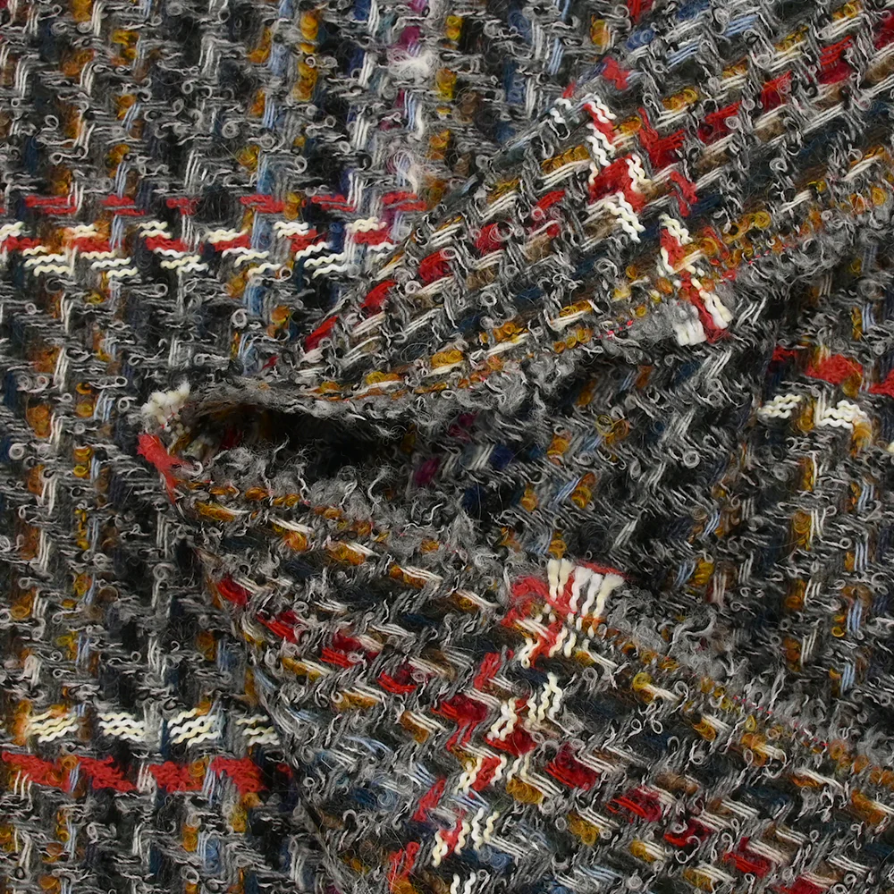 Tweed de laine mélangée Célestine ligne écrue et rouge fond gris - Image 6