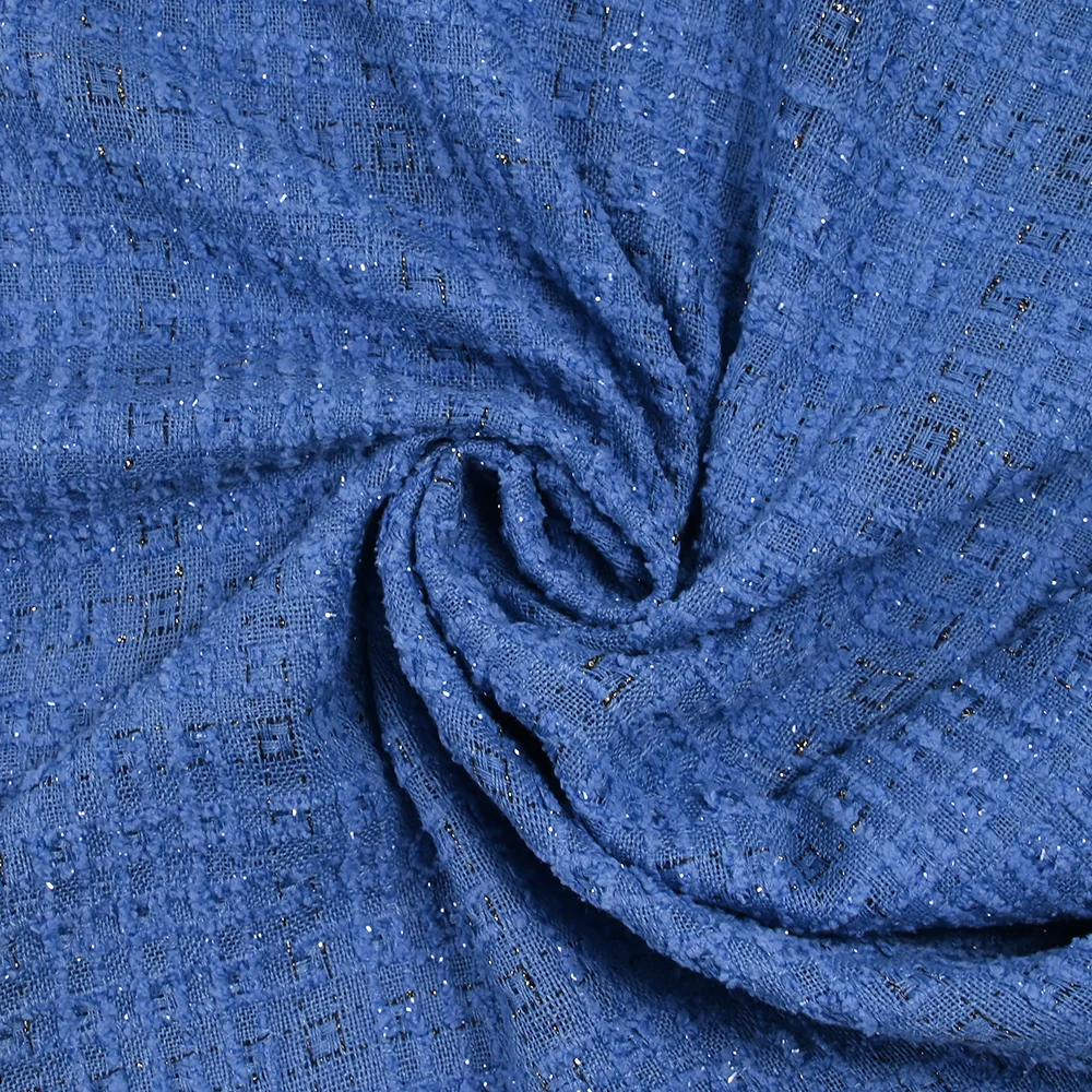 Tweed de polyester Lurex carreaux ligne noire fond bleu - Image 2