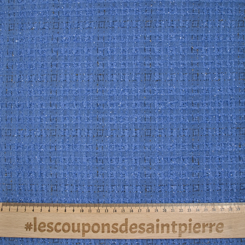 Tweed de polyester Lurex carreaux ligne noire fond bleu - Image 3
