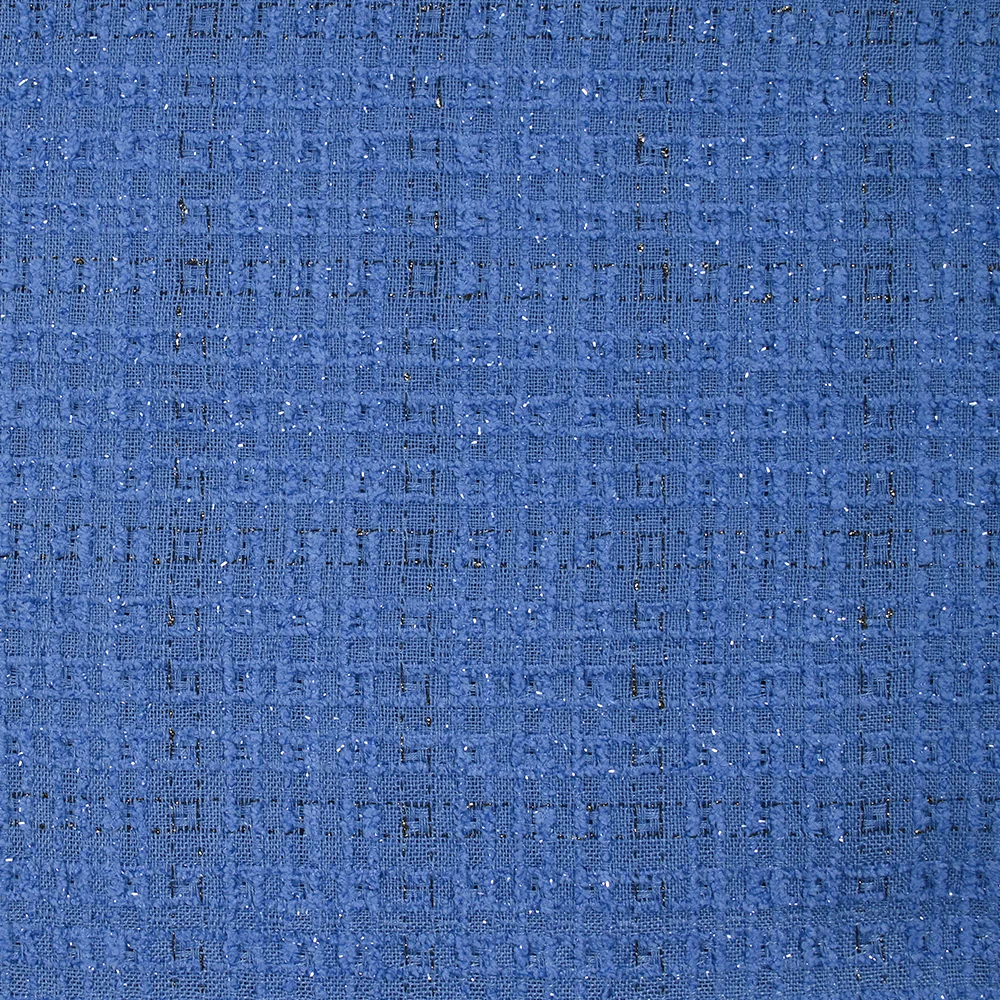 Tweed de polyester Lurex carreaux ligne noire fond bleu - Image 4