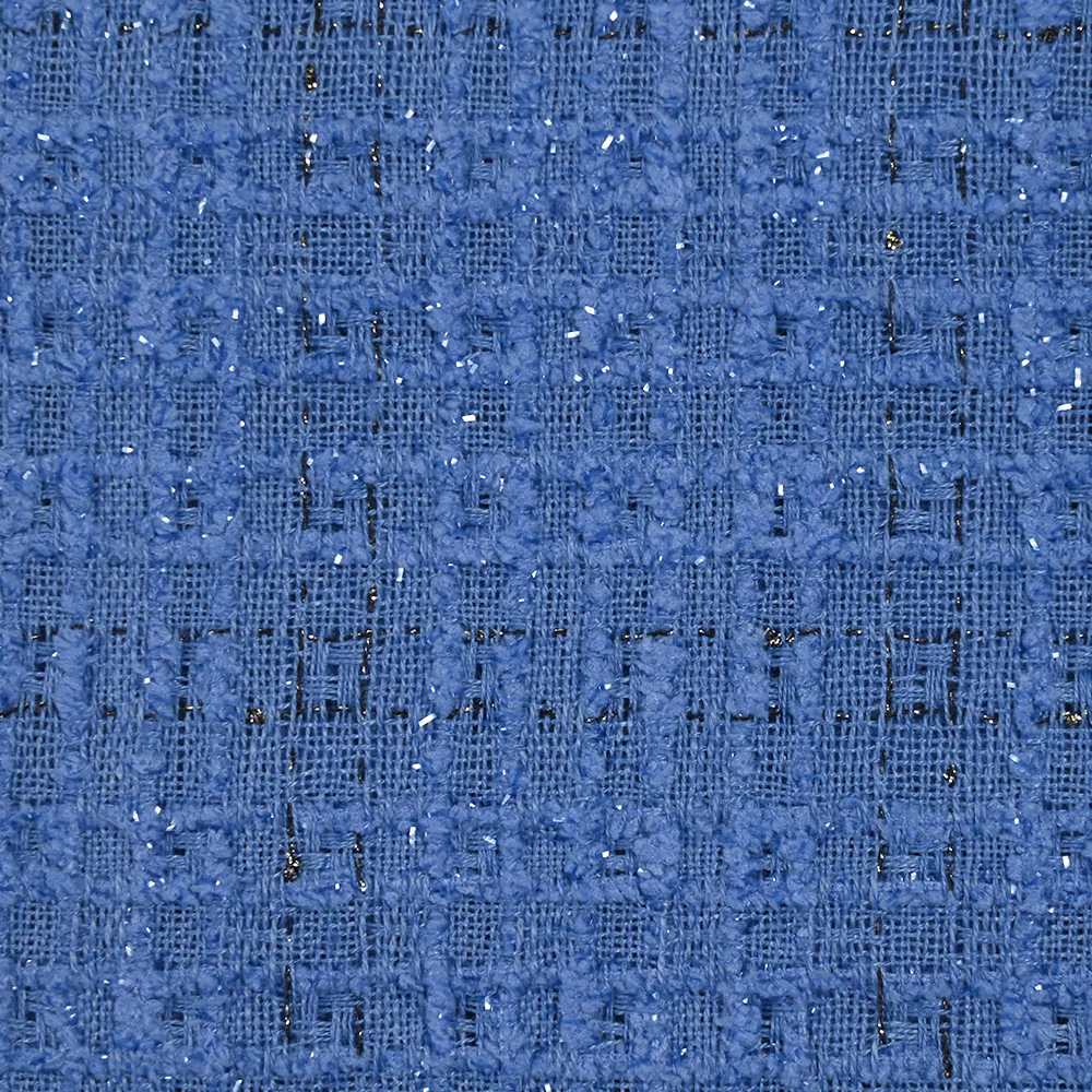 Tweed de polyester Lurex carreaux ligne noire fond bleu - Image 5
