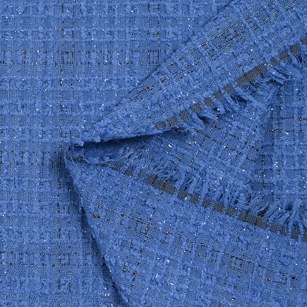 Tweed de polyester Lurex carreaux ligne noire fond bleu - Image 6
