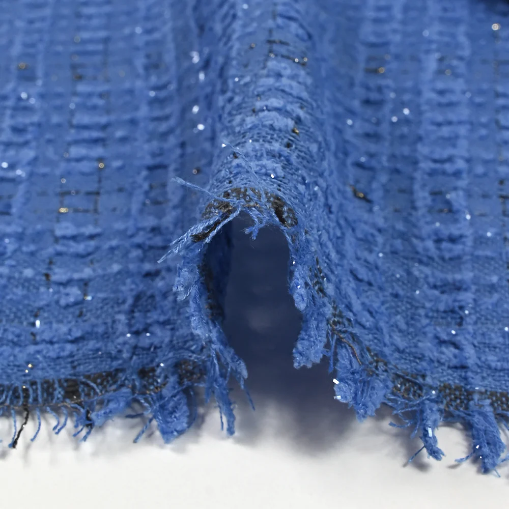 Tweed de polyester Lurex carreaux ligne noire fond bleu - Image 7