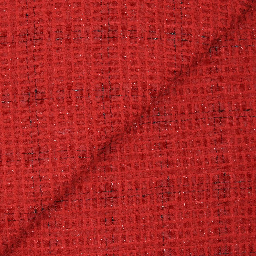 Tweed de polyester Lurex carreaux ligne noire fond rouge