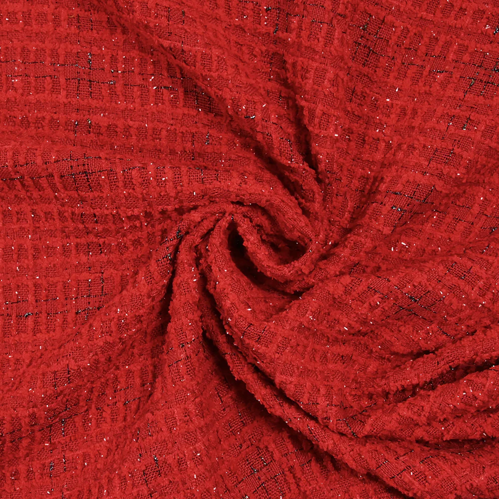 Tweed de polyester Lurex carreaux ligne noire fond rouge - Image 2