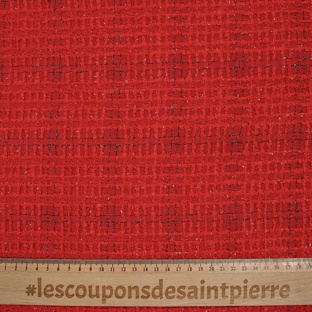 Tweed de polyester Lurex carreaux ligne noire fond rouge - Image 3