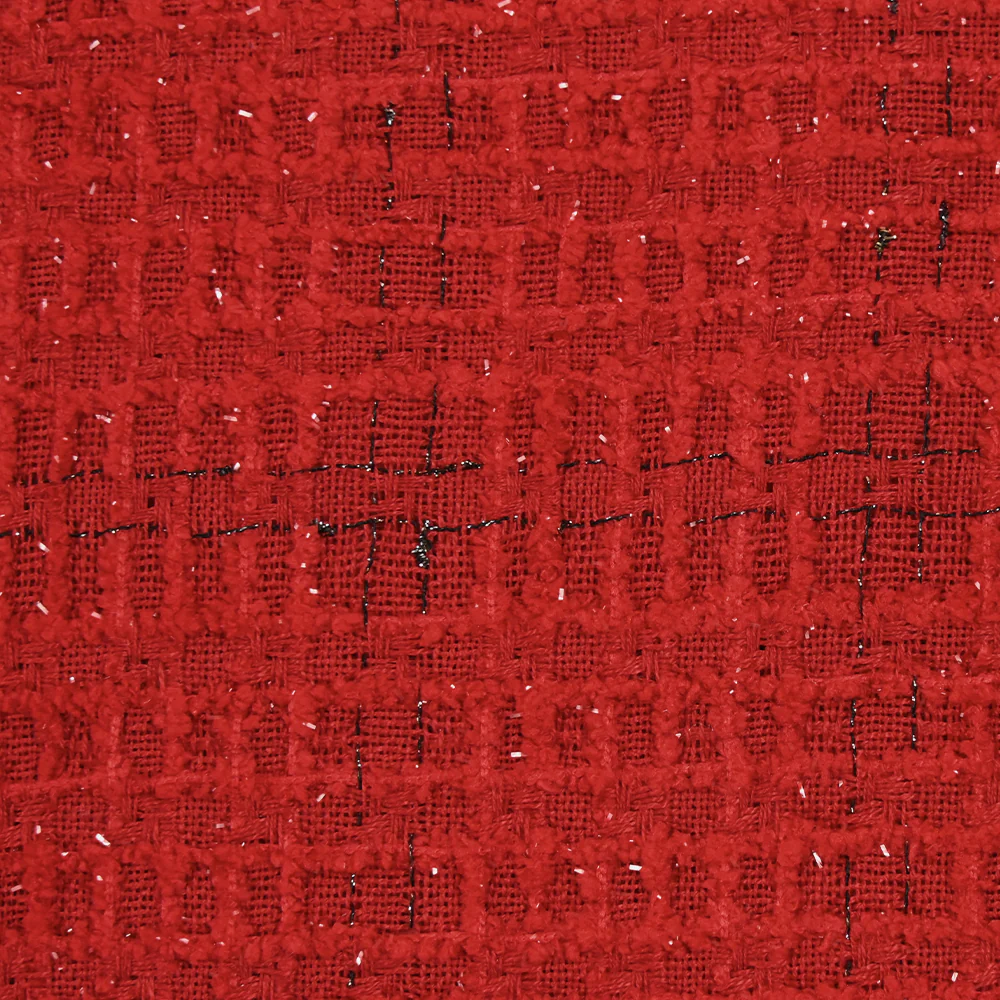 Tweed de polyester Lurex carreaux ligne noire fond rouge - Image 5