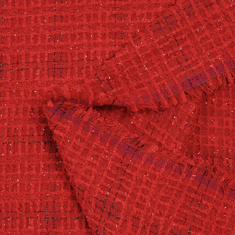 Tweed de polyester Lurex carreaux ligne noire fond rouge - Image 6