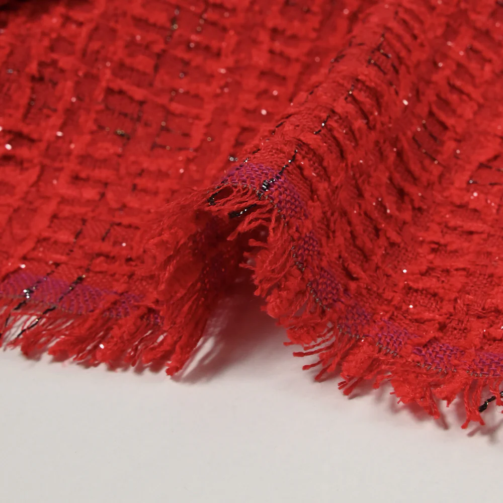 Tweed de polyester Lurex carreaux ligne noire fond rouge - Image 7