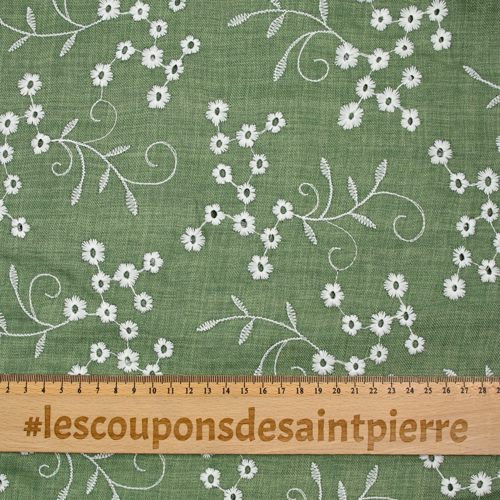 Twill de polyester brodé marguerite fond kaki - Image 3