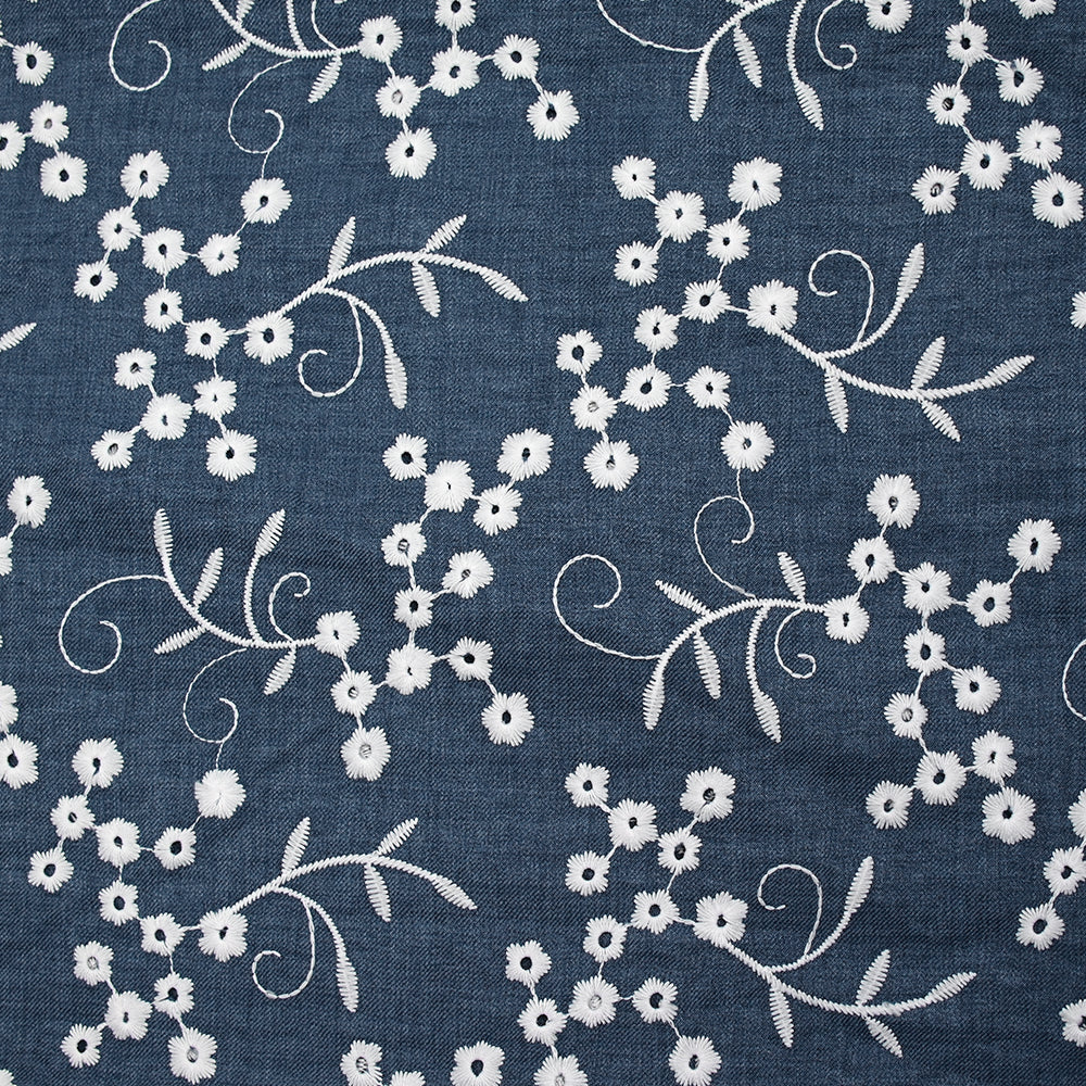 Twill de polyester brodé marguerite fond marine - Image 3