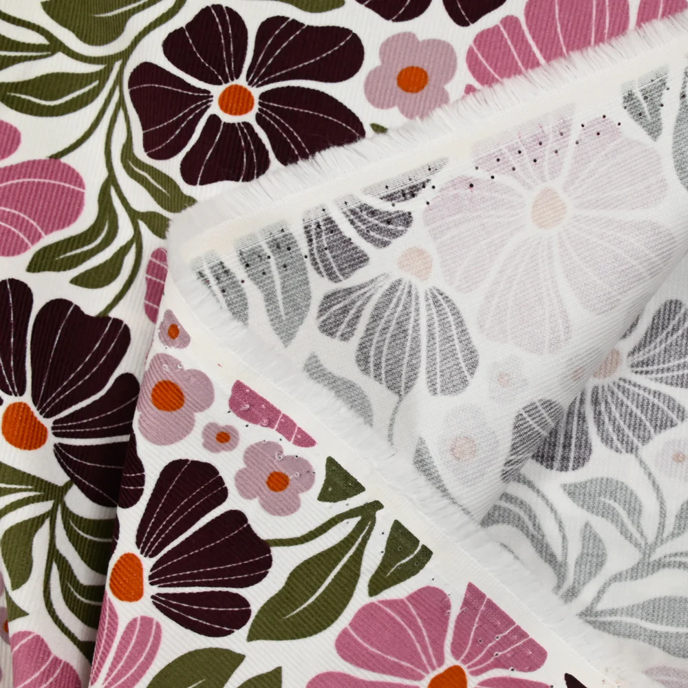 Velours de coton côtelé imprimé botanique rose sur fond blanc - Image 5