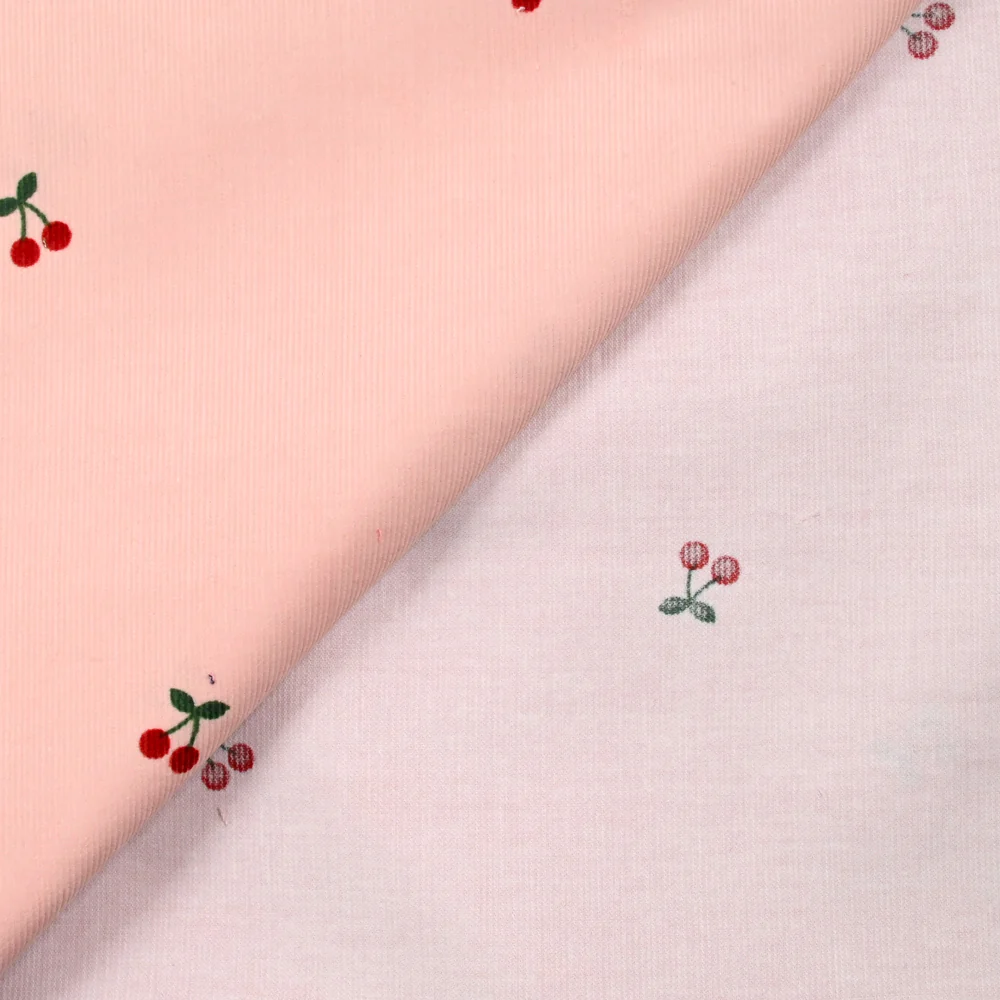 Velours de coton côtelé imprimé cerise fond rose - Image 5