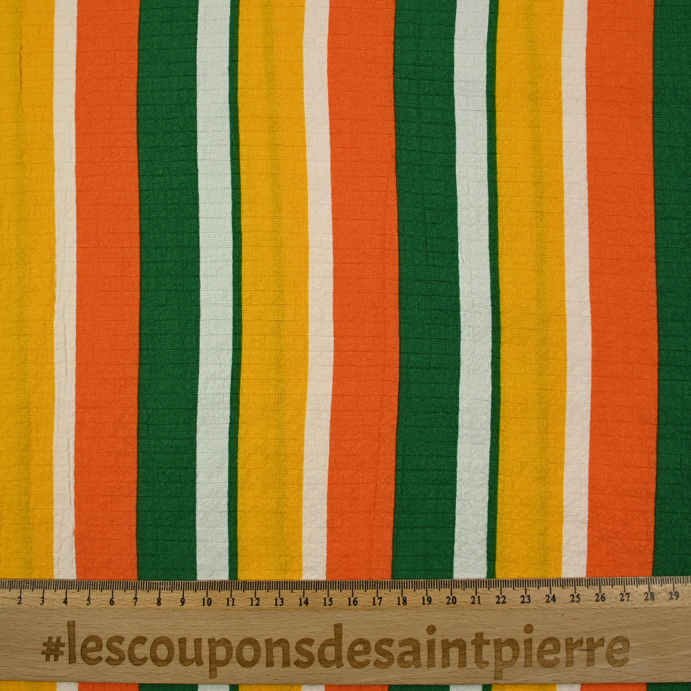 Viscose gaufrée imprimée rayée jaune, orange et vert - Image 3