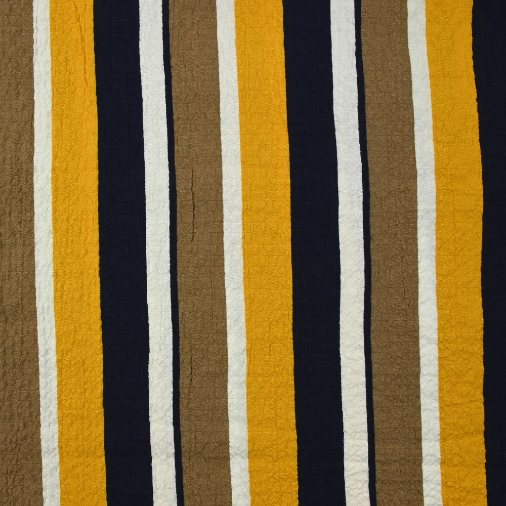 Viscose gaufrée imprimée rayée jaune, taupe et marine - Image 4