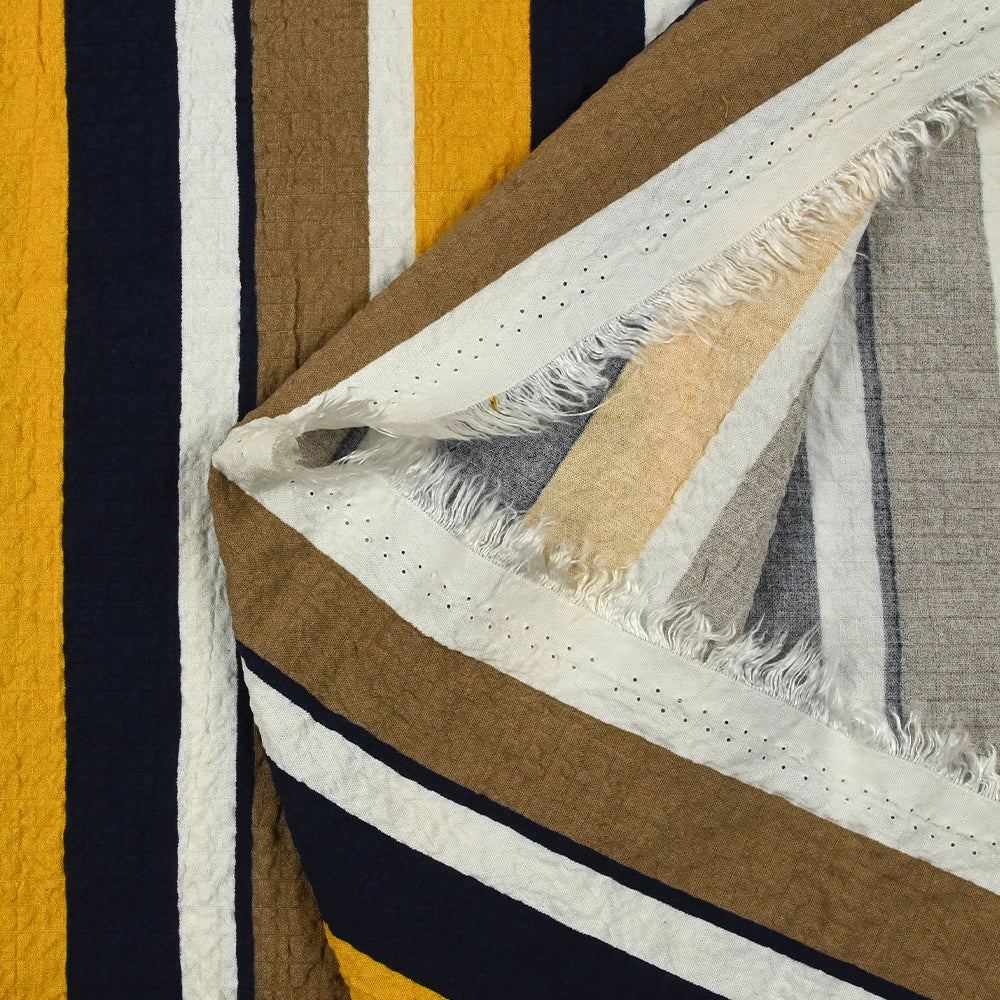 Viscose gaufrée imprimée rayée jaune, taupe et marine - Image 6