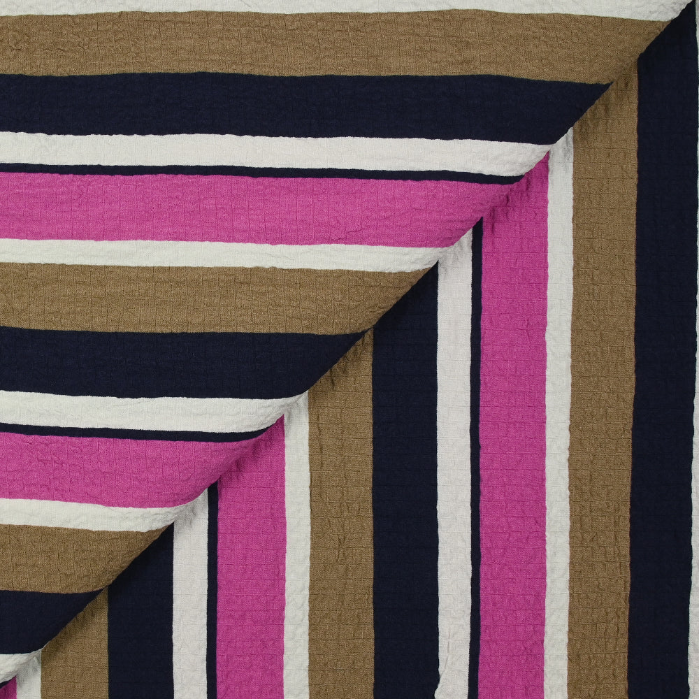 Viscose gaufrée imprimée rayée magenta, taupe et marine