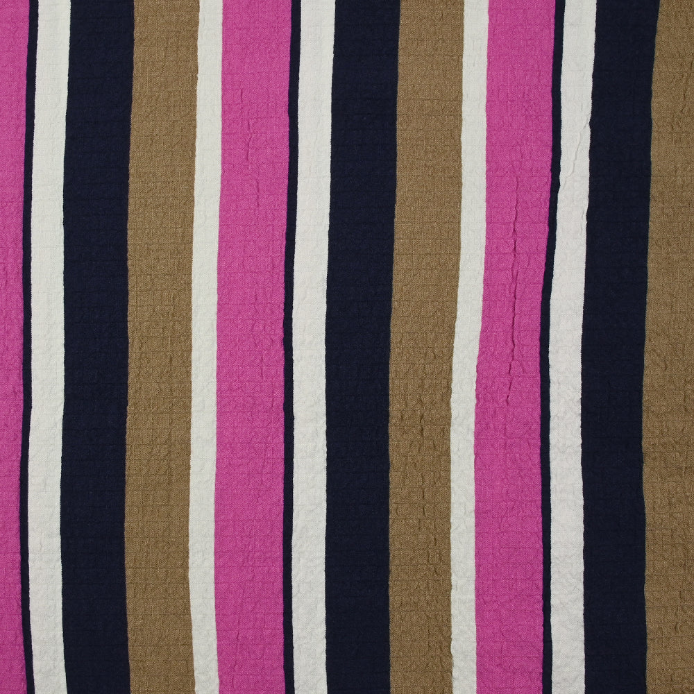 Viscose gaufrée imprimée rayée magenta, taupe et marine - Image 4
