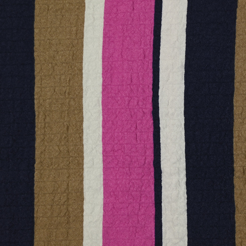 Viscose gaufrée imprimée rayée magenta, taupe et marine - Image 5
