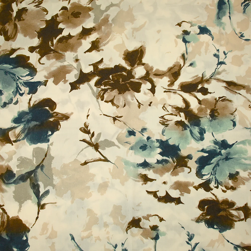 Viscose imprimée encre de fleurs bleu et marron fond écru