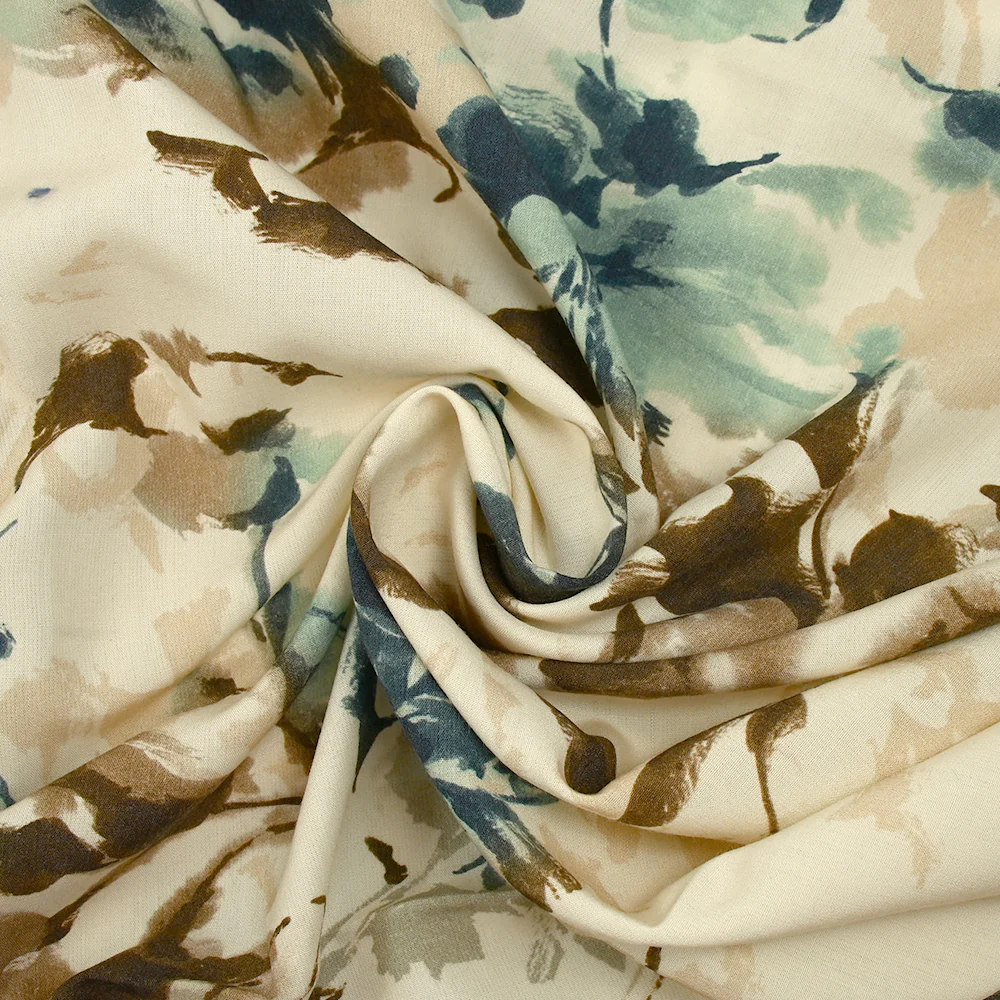 Viscose imprimée encre de fleurs bleu et marron fond écru - Image 2