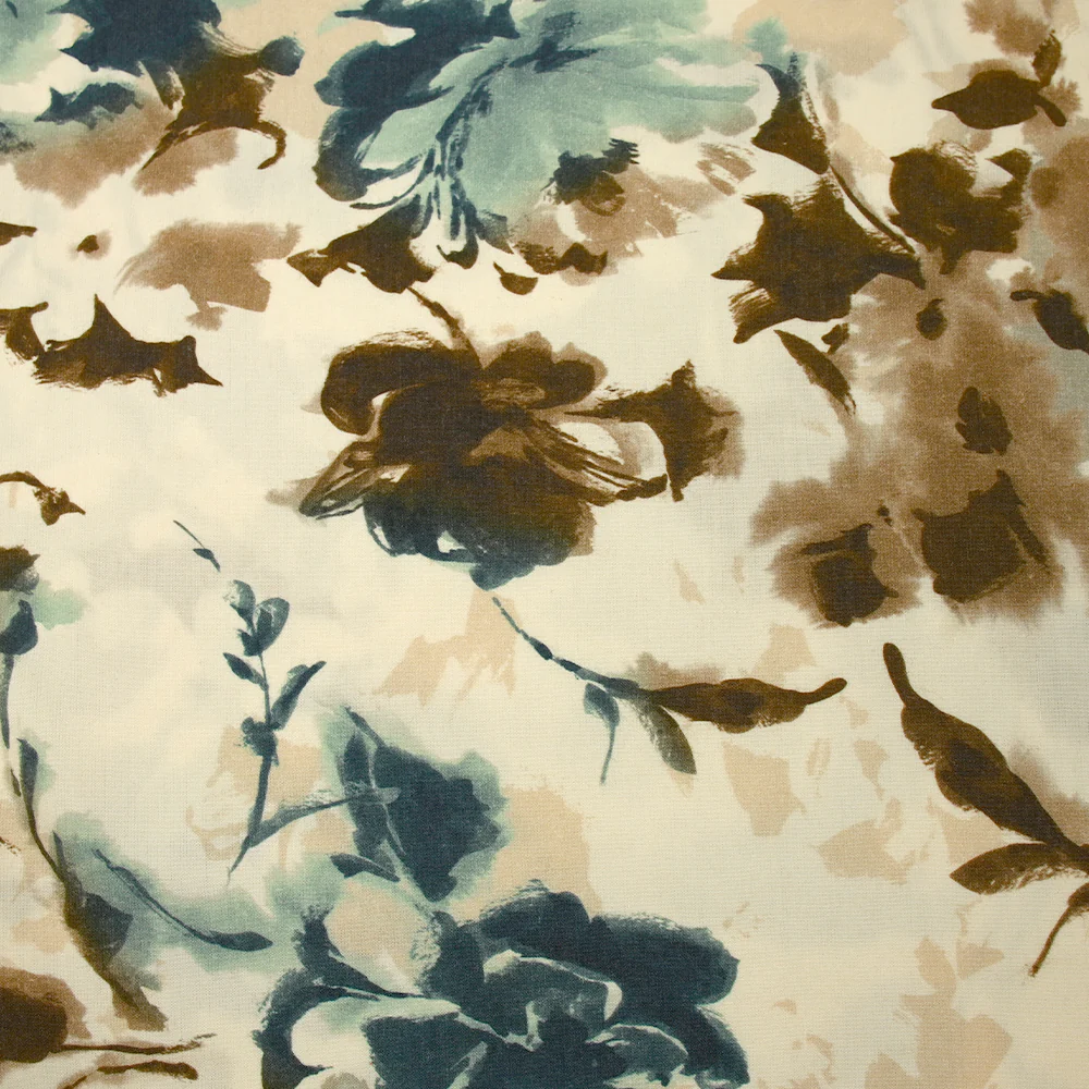 Viscose imprimée encre de fleurs bleu et marron fond écru - Image 4