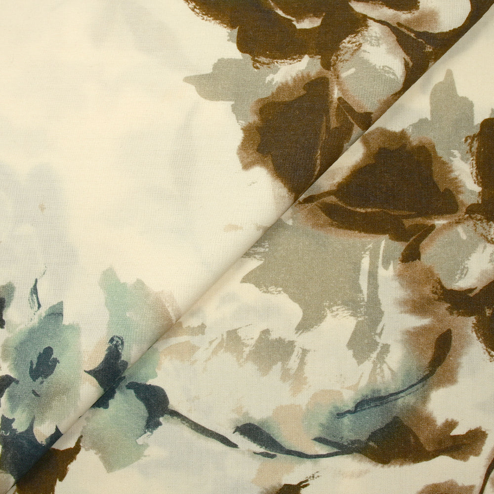 Viscose imprimée encre de fleurs bleu et marron fond écru - Image 6