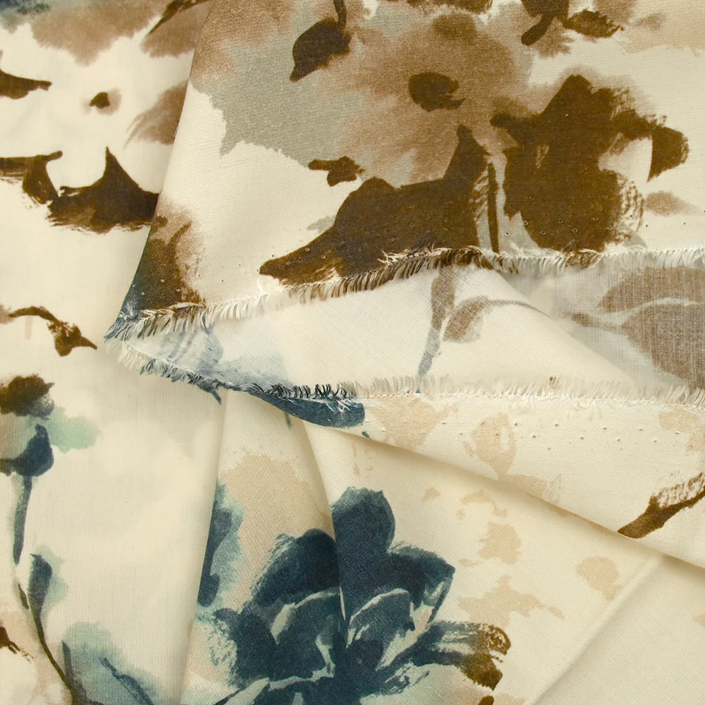 Viscose imprimée encre de fleurs bleu et marron fond écru - Image 7
