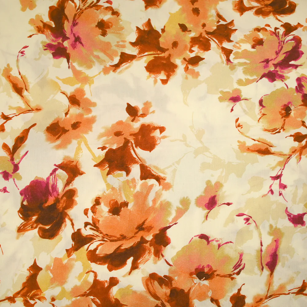 Viscose imprimée encre de fleurs orange et jaune fond écru