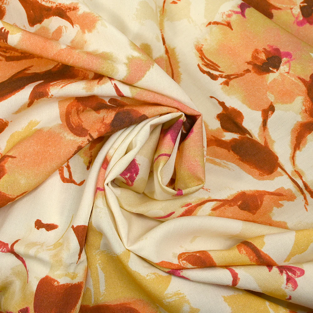 Viscose imprimée encre de fleurs orange et jaune fond écru - Image 2