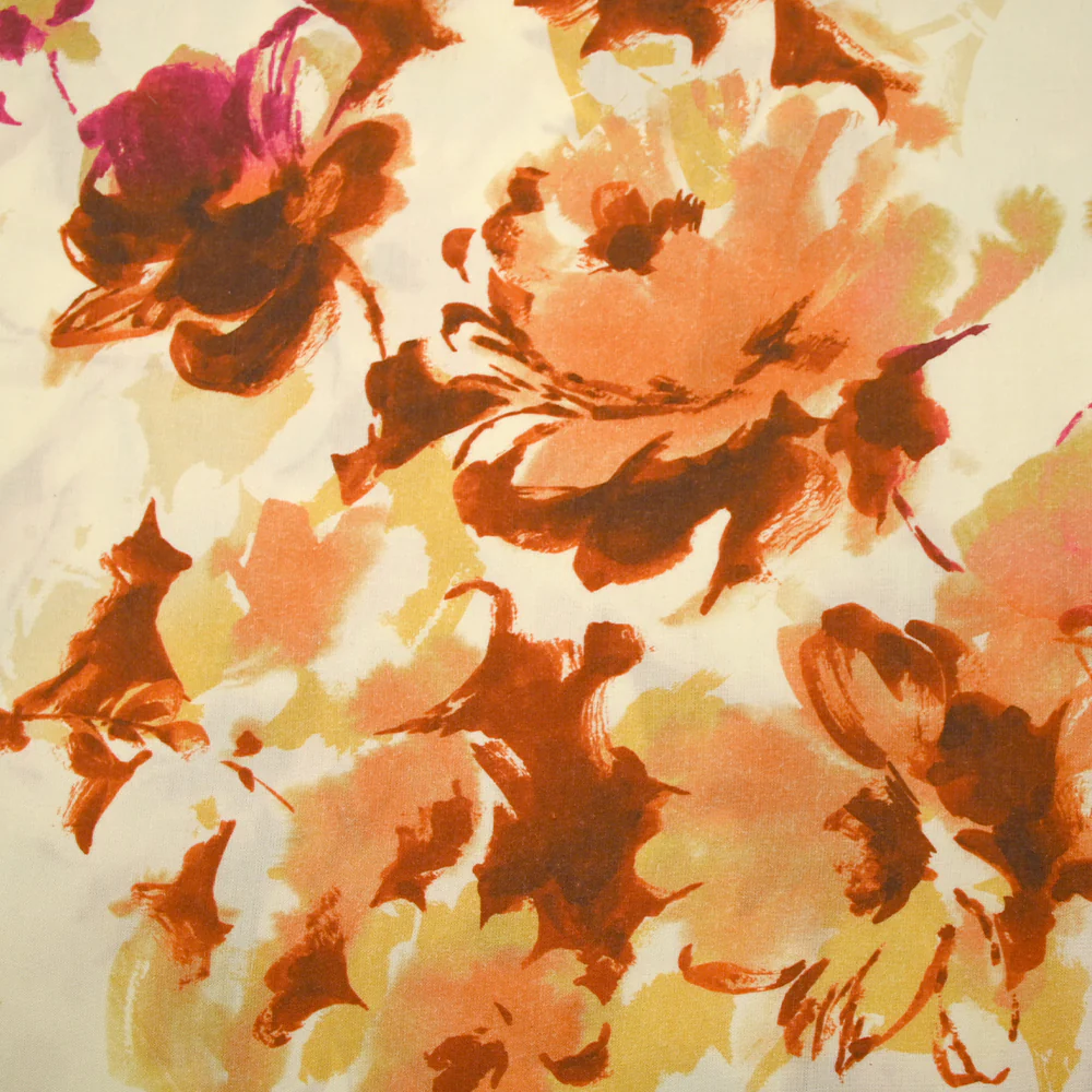 Viscose imprimée encre de fleurs orange et jaune fond écru - Image 4