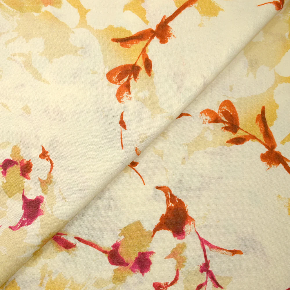 Viscose imprimée encre de fleurs orange et jaune fond écru - Image 6