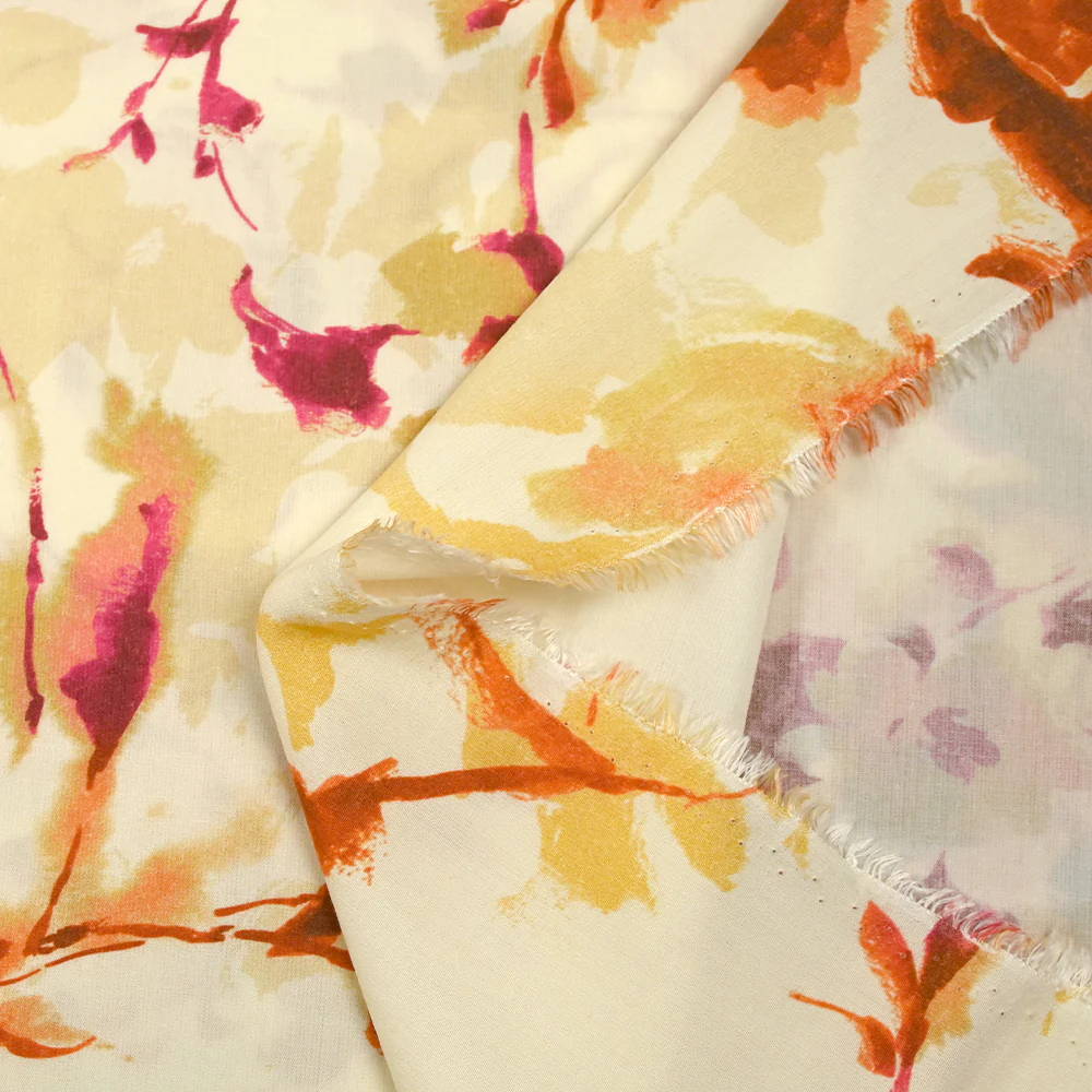 Viscose imprimée encre de fleurs orange et jaune fond écru - Image 7