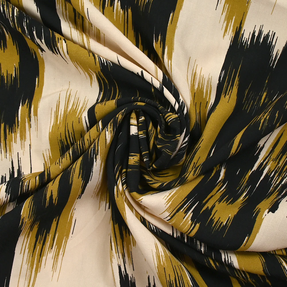 Viscose imprimée feuilles mystiques ocre fond beige - Image 2