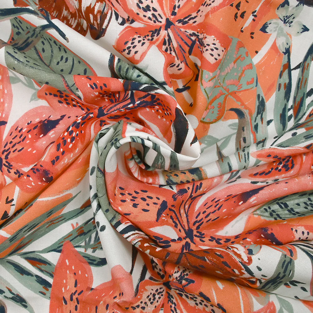 Viscose imprimée fleurs de la jungle corail fond blanc - Image 2