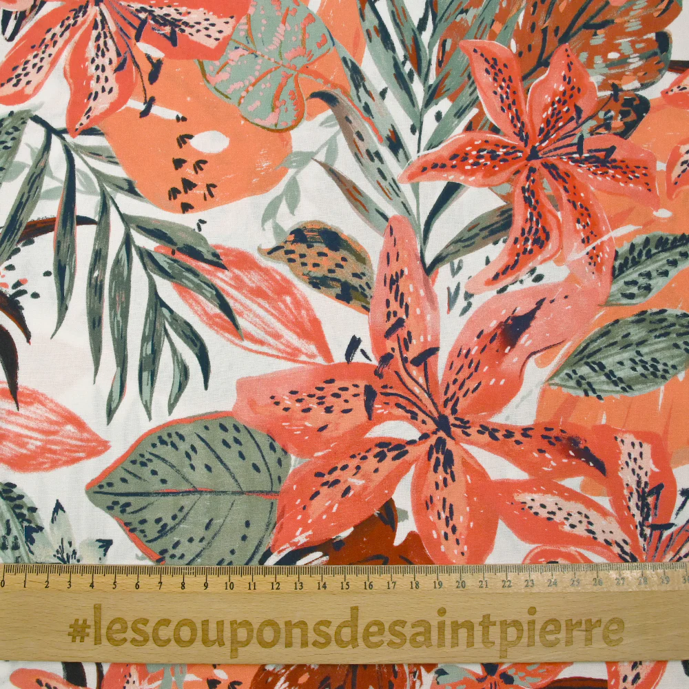Viscose imprimée fleurs de la jungle corail fond blanc - Image 3