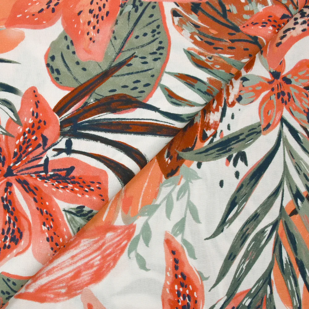 Viscose imprimée fleurs de la jungle corail fond blanc - Image 4