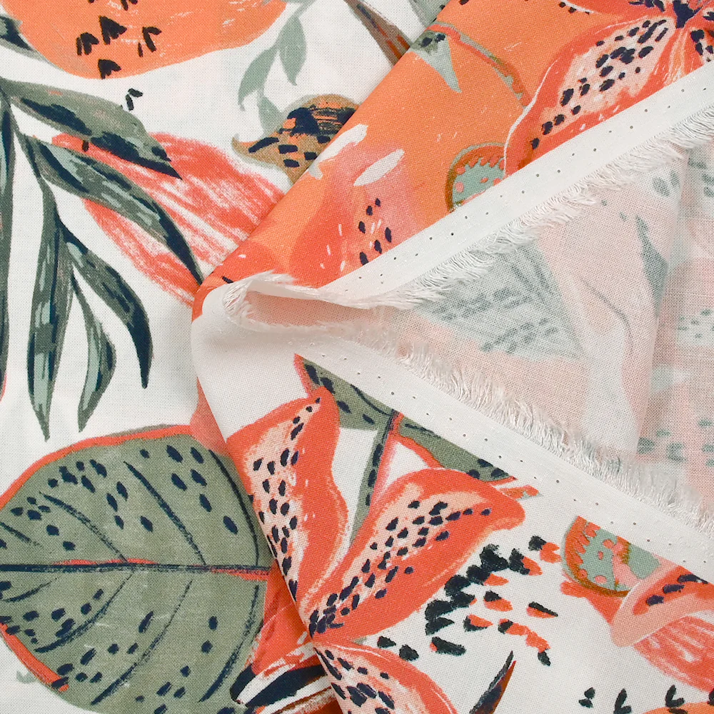 Viscose imprimée fleurs de la jungle corail fond blanc - Image 5