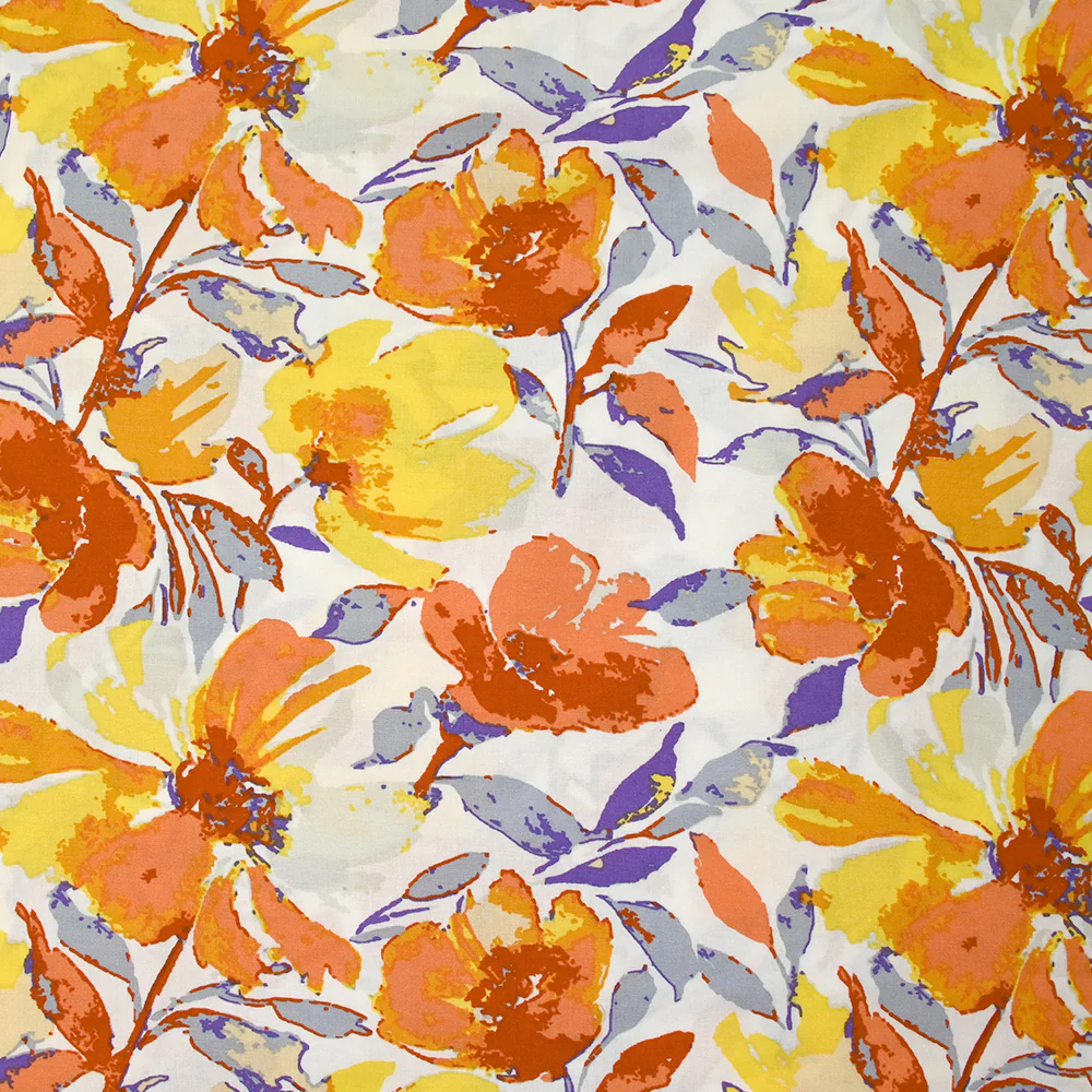 Viscose imprimée Isabel jaune et violet fond blanc