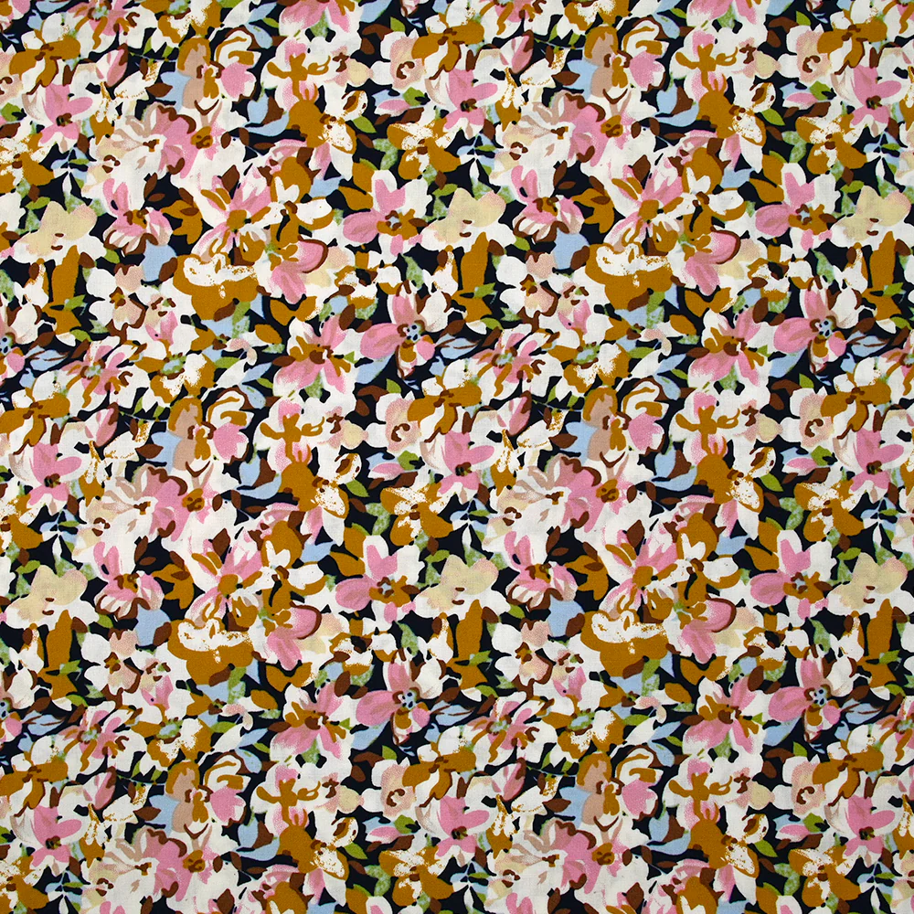 Viscose imprimée les fleurs d'Ornella moutarde, rose et bleu layette