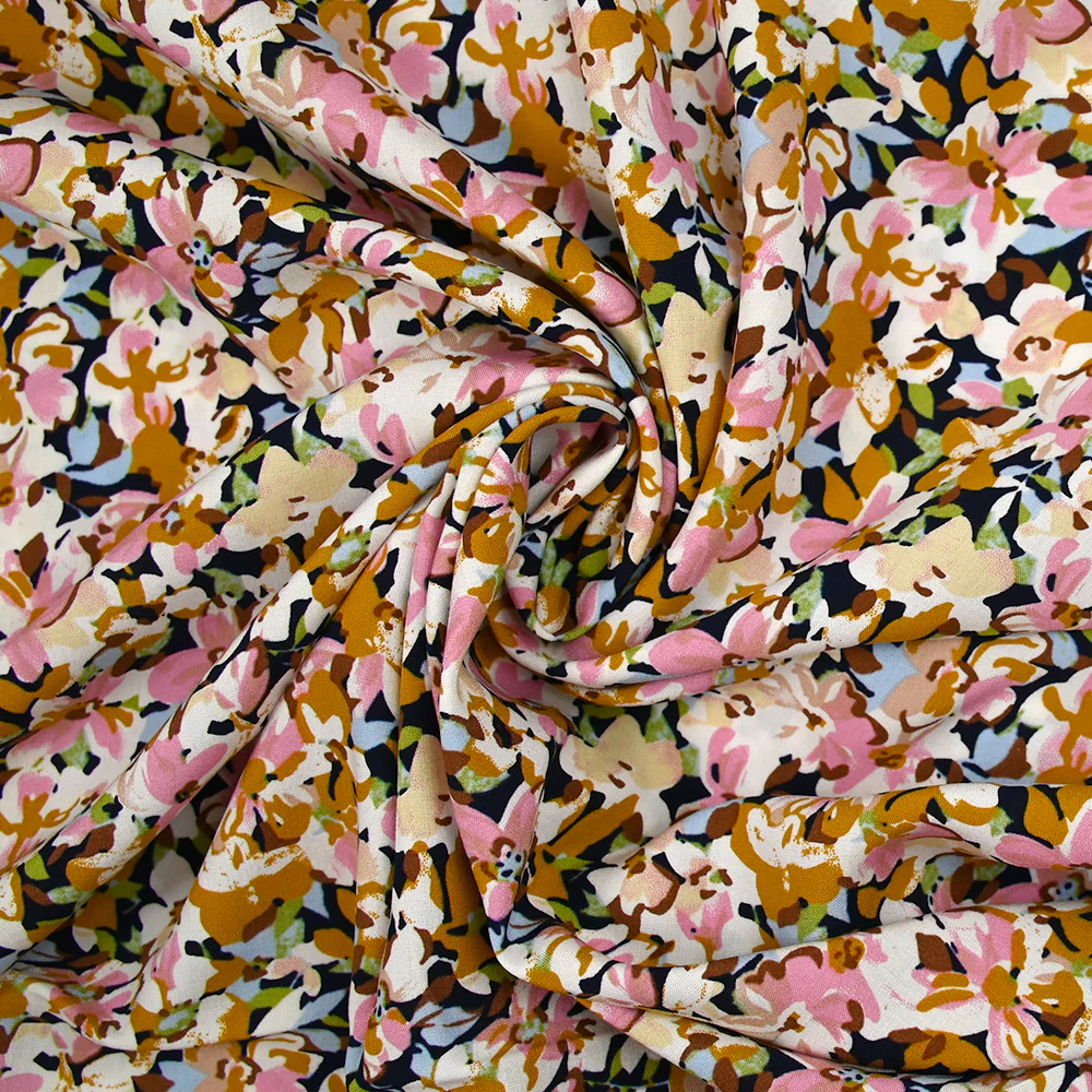 Viscose imprimée les fleurs d'Ornella moutarde, rose et bleu layette - Image 2
