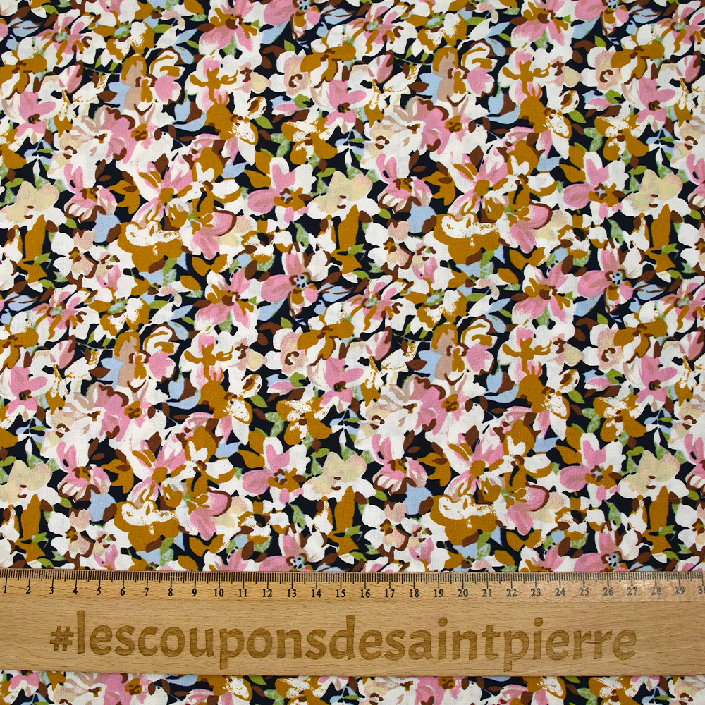 Viscose imprimée les fleurs d'Ornella moutarde, rose et bleu layette - Image 3