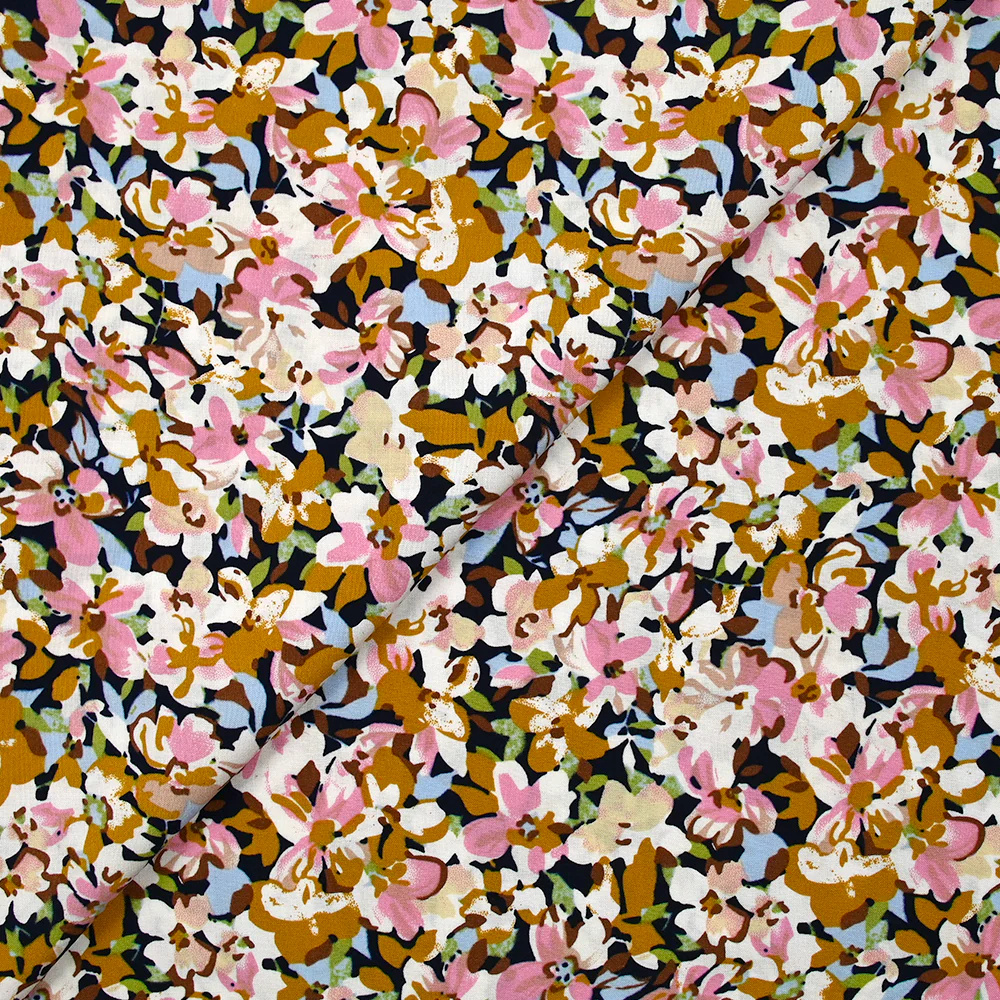 Viscose imprimée les fleurs d'Ornella moutarde, rose et bleu layette - Image 4