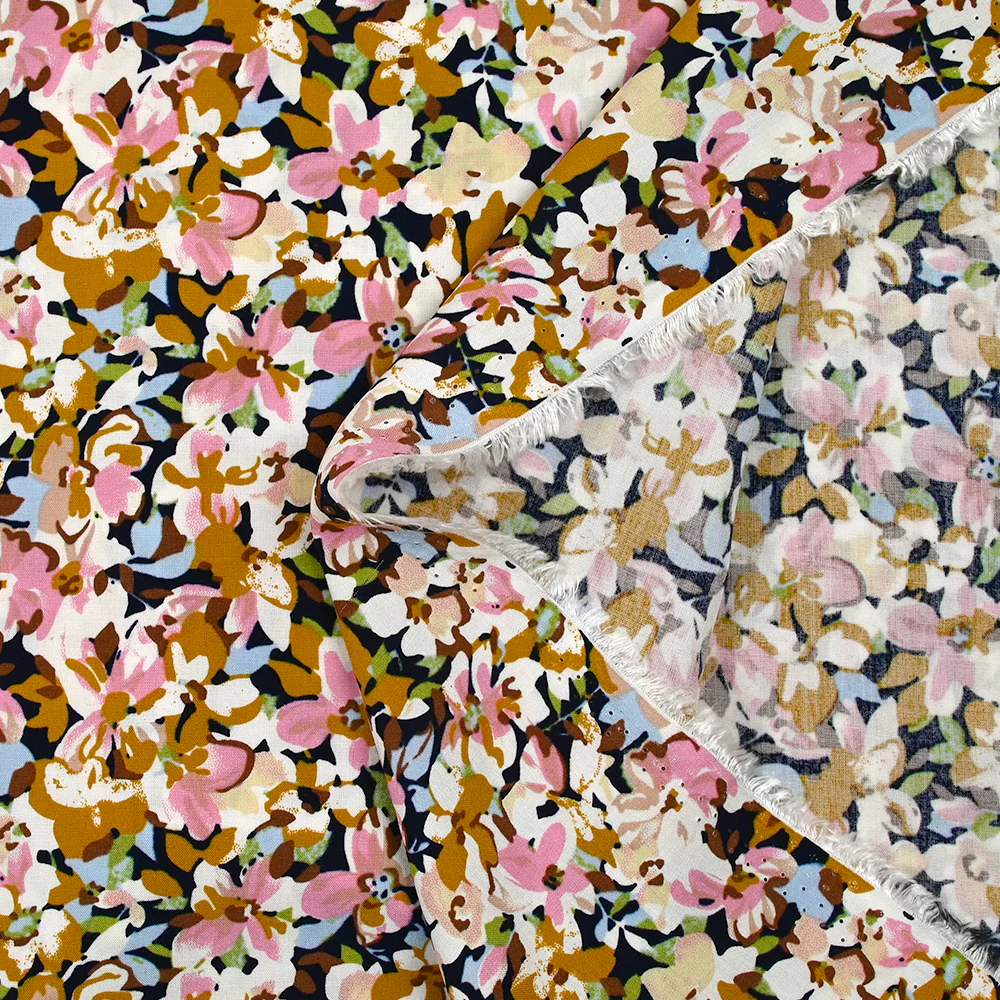 Viscose imprimée les fleurs d'Ornella moutarde, rose et bleu layette - Image 5