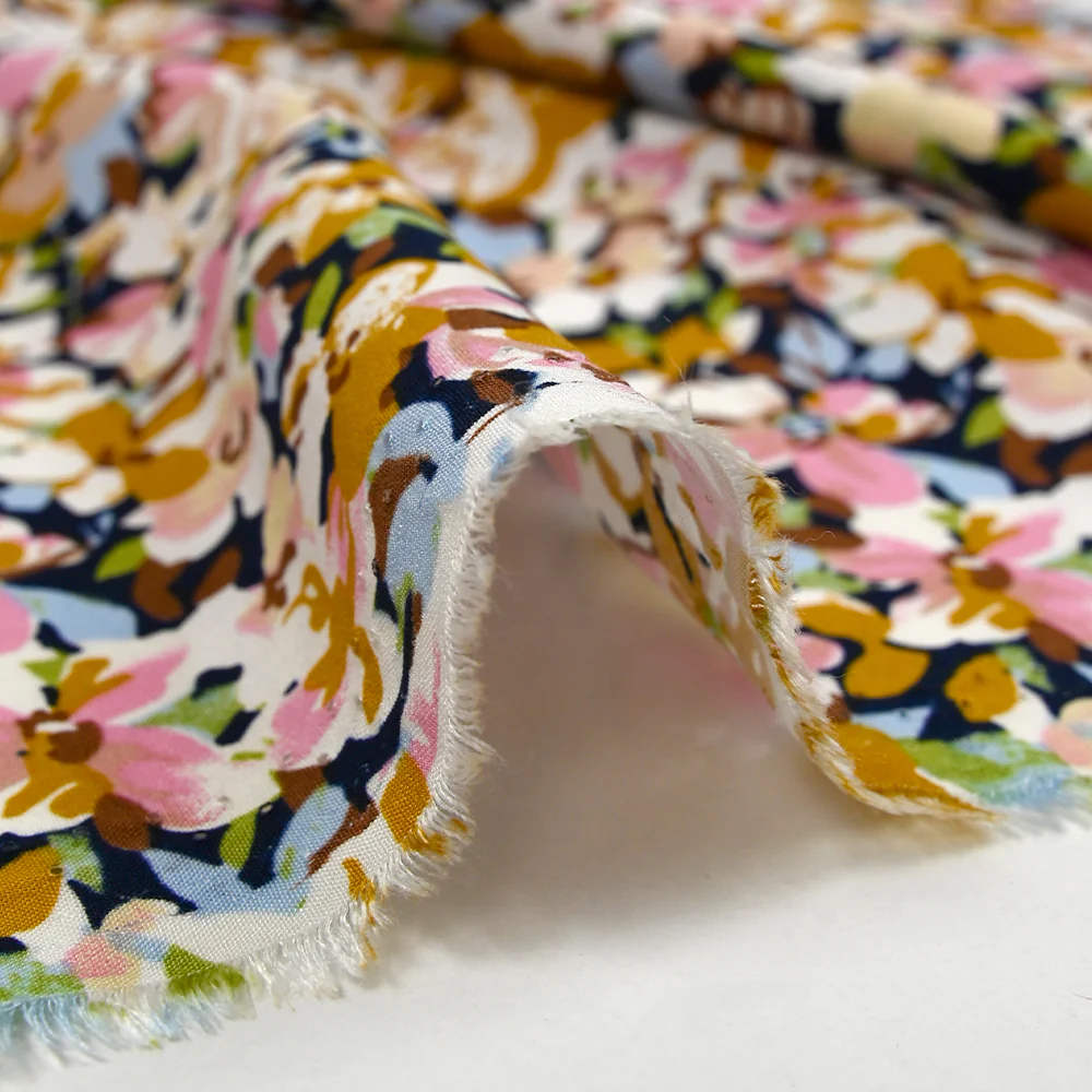 Viscose imprimée les fleurs d'Ornella moutarde, rose et bleu layette - Image 6