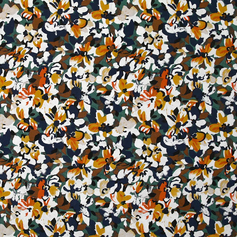 Viscose imprimée les fleurs d'Ornella orange brûlé, canard et marine